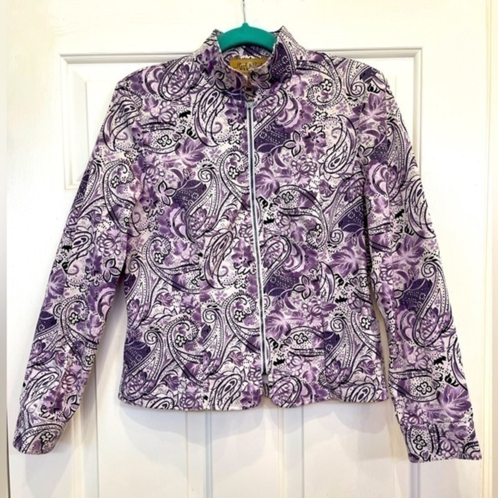 💜 Peck & Peck Weekend Zipper Purple Embellished Paisley Jacket Size 8